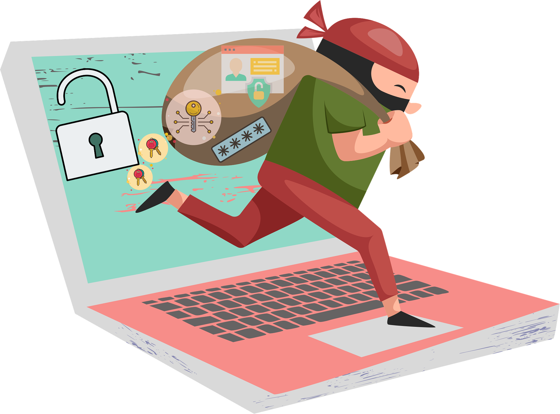 A little pirate running across a laptop with a loot bag.